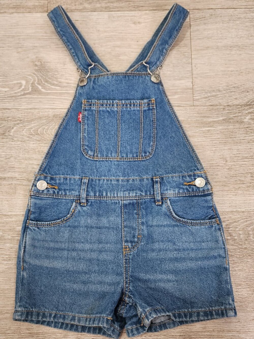 Levi's Overalls Shortall Girls XS 5/6 Blue Denim Jean Medium Wash Cotton Red Tab